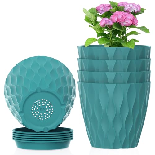 Meowell 4 inch Small Plastic Nursery Pots, 5 Pack Water Ripples Flower Pots for Indoor Plants, Plant Pots with Drainage Holes and Saucers, Seedling Starter Planters for House Plants, Blue Green - color: Blue Green, size: 4 in 5pcs