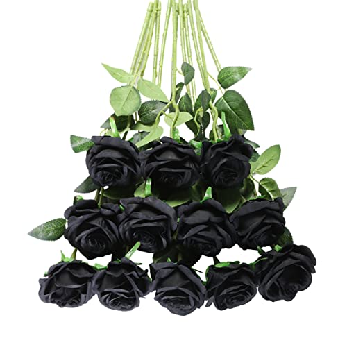 Tifuly 12Pcs Roses Long Stem Fake Silk Artificial Flowers Black & Red | 12 pcs Realistic Single Long Stem Fake Silk Roses Bouquet for Party Home Wedding Centerpiece Office Halloween DIY Decor - color: Black