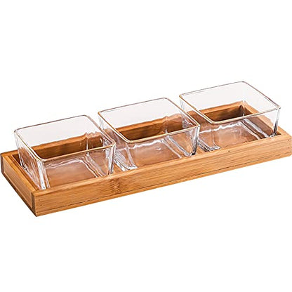 3 Compartment Glass Fruit Bowl with Wooden Tray Creative Snack Serving Tray Divided Serving Platter Reusable Ice Cream Cups Removable Salad Bowls for Snack Candy Nuts Desserts Transparent - color: Transparent, size: 3 Compartment