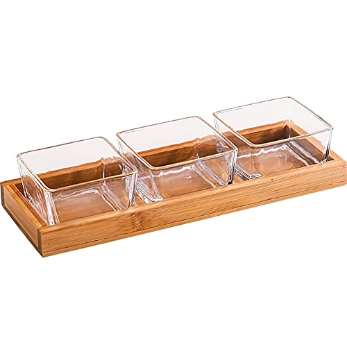 3 Compartment Glass Fruit Bowl with Wooden Tray Creative Snack Serving Tray Divided Serving Platter Reusable Ice Cream Cups Removable Salad Bowls for Snack Candy Nuts Desserts Transparent - color: Transparent, size: 3 Compartment