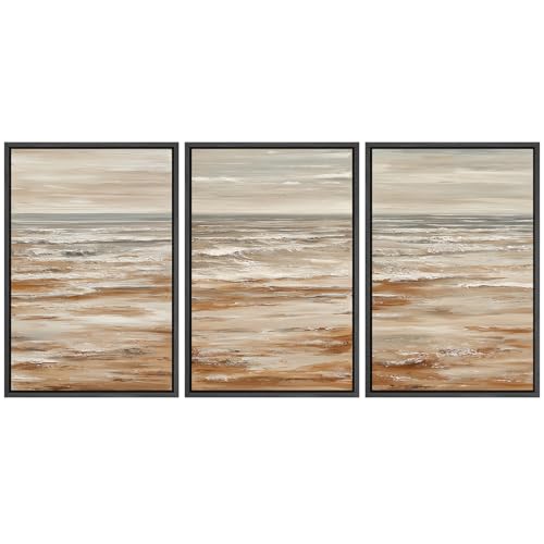 MUDECOR Framed Wall Art Print Set Neutral Coastal Seascape Minimalist Ocean Waves and Sandy Shore Illustrations Modern Art Boho Decorative for Living Room, Bedroom, Office - 16"x24"x3 BLACK - color: A01-2603-M01, size: 16"x24"x3 Panels Black