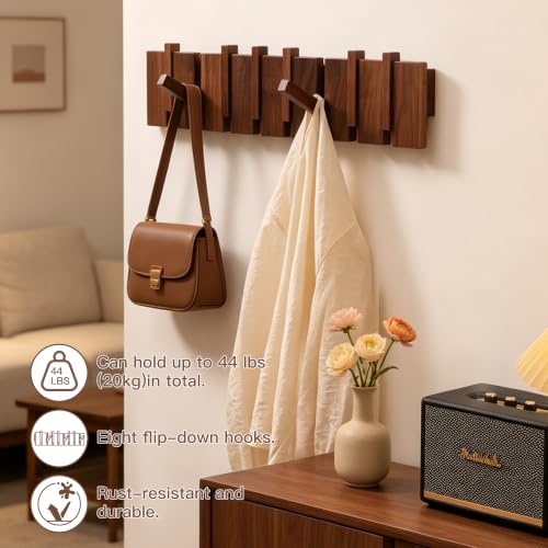 Wood Coat Rack Wall Mount, Coat Hooks Hanger Wall Mounted, Heavy Duty Wall Coat Rack with 8 Hooks for Hanging Coats/Keys/Hats/Robe&Towels/Plants/Bags, Walnut - size: 8 Hooks