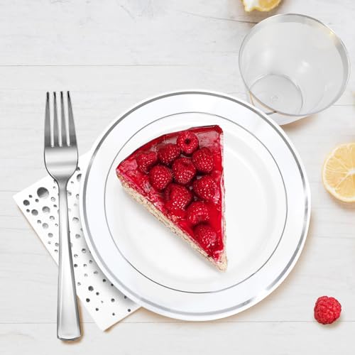 Silver Dessert Plates Set, 100 Plates, Cups, Forks and Napkins, 7.5 Inch | Sturdy plastic, cake service, appetizer tables, salad course, weddings, birthdays, easy cleanup - color: Silver, style: Plates,Forks,Napkins and Cups