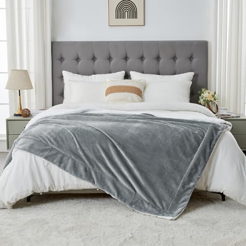Waffle Sherpa Fleece Throw Blanket, Super Soft Fuzzy Warm, Lightweight Fluffy Reversible Plush Blanket for Bed Sofa Couch, 50 x 60 Inches Grey - color: Grey, size: 50x60 IN