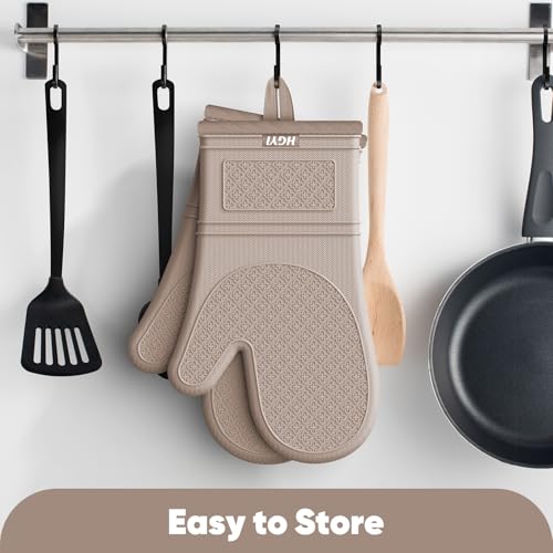 Silicone Oven Mitts, Heat Resistant Oven Gloves with Quilted Liner, Waterproof & Non-Slip Kitchen Mittens for Baking Cooking BBQ, 500°F, 12.5"-Milkshake Beige - color: Milkshake Beige