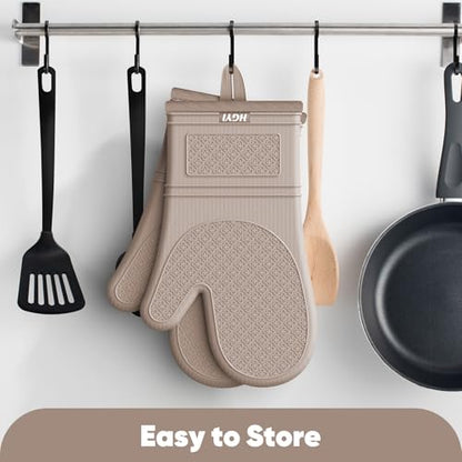 Silicone Oven Mitts, Heat Resistant Oven Gloves with Quilted Liner, Waterproof & Non-Slip Kitchen Mittens for Baking Cooking BBQ, 500°F, 12.5"-Milkshake Beige - color: Milkshake Beige
