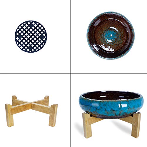 Succulent Pots, 10 Inch Large Succulent Planters with Stand - Ceramic Bonsai Pot with Drainage for Indoor Plants Cactus Flower Planter Pot Plus Succulent Planting Tools Set & 2.2lb Mix Pebbles - color: Blue With Mix Lava Rock Pebbles