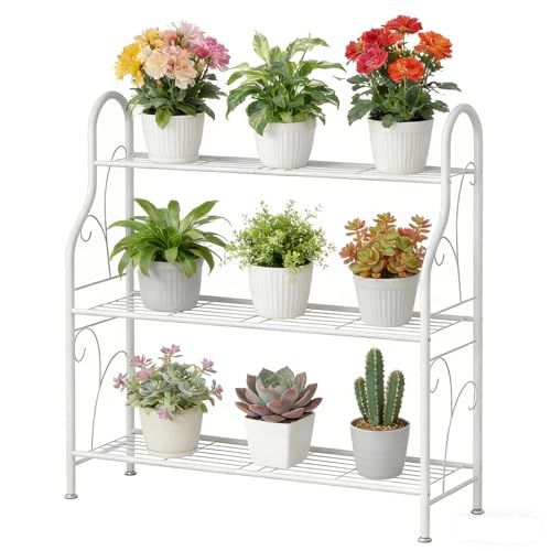 SORCEDAS 3 Tier Metal Plant Stand Indoor Outdoor Corner Flower Shelf | Plant Rack for Multiple Plants, Space-Saving Plant Holder for Patio, Garden, Balcony, Living Room - size: 3 Tier-White