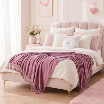 BATTILO HOME Pink Chenille Throw Blanket for Couch, Soft Cozy Textured Knit Throw Blanket with Handmade Fringe Tassels, Lightweight Decorative Farmhouse Blanket for Sofa Bed Chair, 50"x60" | Soft Chenille Knit with Handmade Fringe Tassels, Lightweight, Co