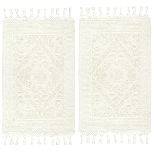 COTTON CRAFT Woven Area Rug - 2 Pack Ivory Jacquard Dhurrie with Fringe | Boho Farmhouse Rustic Textured Cotton Throw Rug - Washable Accent Mat for Bedroom Living Room Entryway Nursery - 20x32 - color: Ivory - 2 Pack, size: 1'8" x 2'8" (Rectangular)