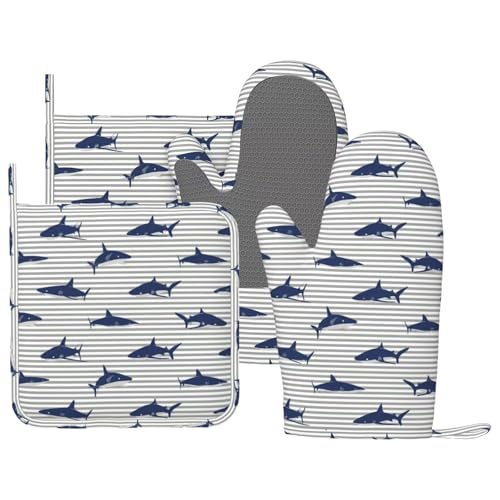 Sharks Oven Mitts and Pot Holders Sets Silicone Blue Shark Grey Stripes Kitchen Oven Mitts Hot Pads Heat Resistant Potholders Kitchen Mitts Set for Baking BBQ Cooking - color: Blue Grey