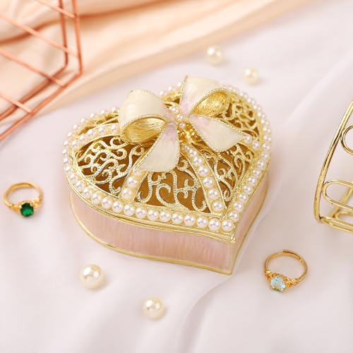 QIFU Hand Painted Pink Love Heart Style Enamel Trinket Box Hinged, Elegant Jewelry Box to Store Jewelry in Style - style: Love Heart