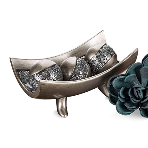 Creative Scents Schonwerk Silver Decorative Centerpiece Bowl with 3 Matching Orbs - Coffee Table Decor with Resin Sphere Balls for Living Room Dining Room Table - Decorations for Home Decor