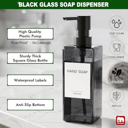 GMISUN Dish Soap Dispenser for Kitchen, 12 fl oz Dual Kitchen Soap Dispensers with Sponge Holder, Clear Black Glass Kitchen Soap Dispenser Set, Modern Hand and Dish Soap Bottle Set - color: Clear Black Bottle + Black Rack