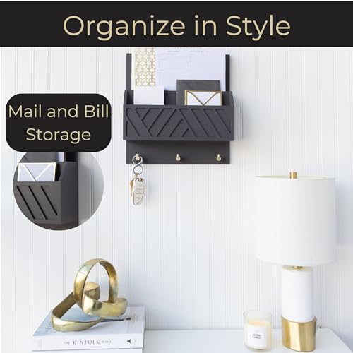 BLU MONACO | Wall-Mounted Mail and Key Holder in Grey Wood | Two-Tier Mail Organizer with Gold Hooks | Entryway Command Center for Home or Office - color: Gray