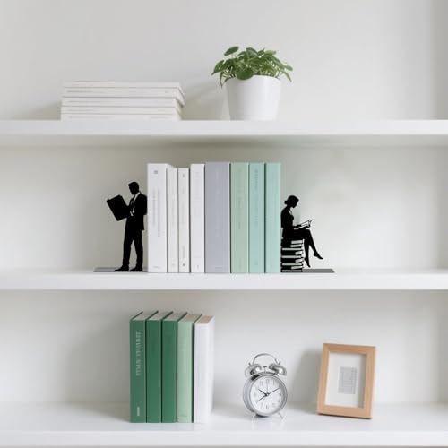 Metal Bookends Lovers Reading Book Ends for Shelves | Couple Bookends Decorative Unique Desk Bookend Black Book Stopper for Home Reading Bookshelf Decor Book Lovers Gift - style: Lovers Reading