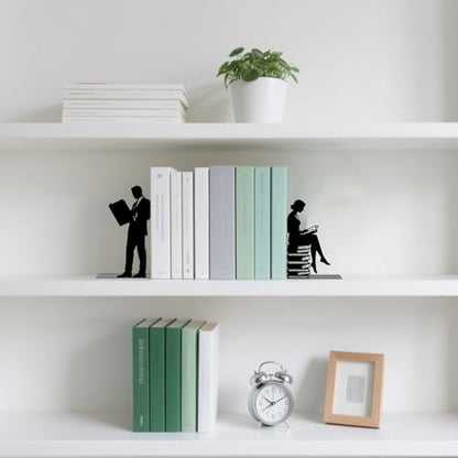 Metal Bookends Lovers Reading Book Ends for Shelves | Couple Bookends Decorative Unique Desk Bookend Black Book Stopper for Home Reading Bookshelf Decor Book Lovers Gift - style: Lovers Reading