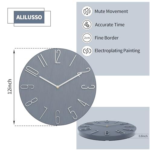 12 Inch Wall Clock Silent Non Ticking, 3D Relief Numbers Modern Style Decor Clock for Living Room Bedroom Kitchen Home Office School (Blue Grey)