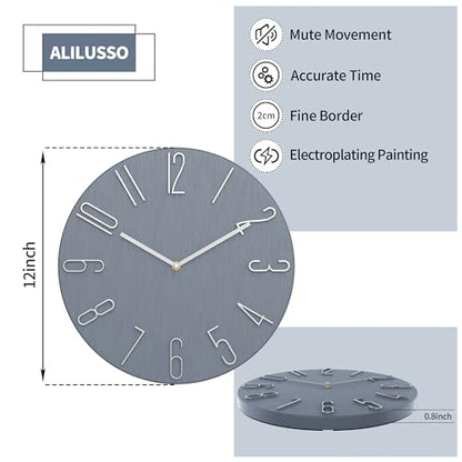 12 Inch Wall Clock Silent Non Ticking, 3D Relief Numbers Modern Style Decor Clock for Living Room Bedroom Kitchen Home Office School (Blue Grey)