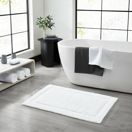 Jean Pierre New York Lydia Border 100% Cotton Bath Mat - Non-Slip Bath Rug - White - 20"x32" - color: White, size: 1'8" x 2'8" (Rectangular)