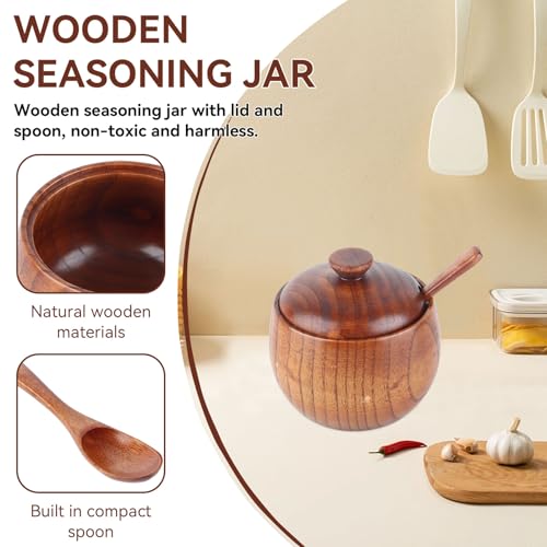 Wooden Salt Box with Lid & Spoon, Seasoning Pot Sugar Bowl Wood Salt & Spice Jar Box Salt Keeper, Pepper, Tea Container for Kitchen Countertop Restaurant