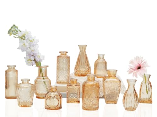 Bud Vases Set of 12,Glass Bud Vases in Bulk,Small Flower Vases for Centerpieces,Mini Vintage Vase for Wedding, Home Table Decor,Christmas,Party Decoration,Gold Amber - color: 12pcs-gold Amber