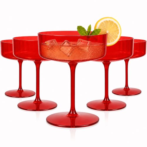 Ciaell 12 Pack Red Plastic Martini Glasses for Bars Parties | 10 oz Red Coupe Cocktail Cups, Heavy Duty Plastic, Cocktails Whiskey Margaritas Wine for Weddings Anniversaries Outdoor - color: Basic Red