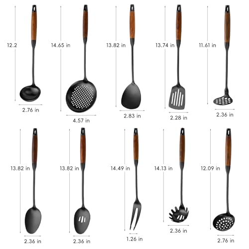 Izurok 18/10 Stainless Steel Kitchen Utensils Set,10 Piece Cooking Utensils With Wood Handle,Heat Resistant Kitchen Tool Set With Spatula,Spoon,Ladle,Skimmer,Slotted Turners,Pasta,Turner,Ladl,Fork - color: BLACK-10 Pieces, size: Small