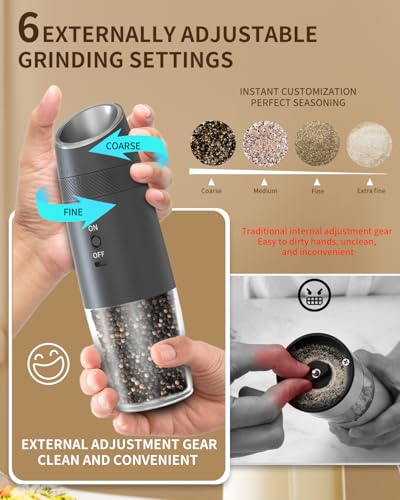 CIRCLE JOY Gravity Electric Salt and Pepper Grinder Set Rechargeable Automatic Pepper and Salt Shakers with LED Light, External Adjustable Coarseness, One-Hand Operation for Salt & Spices - color: Black Pro, size: KYMQ + Rechargeable