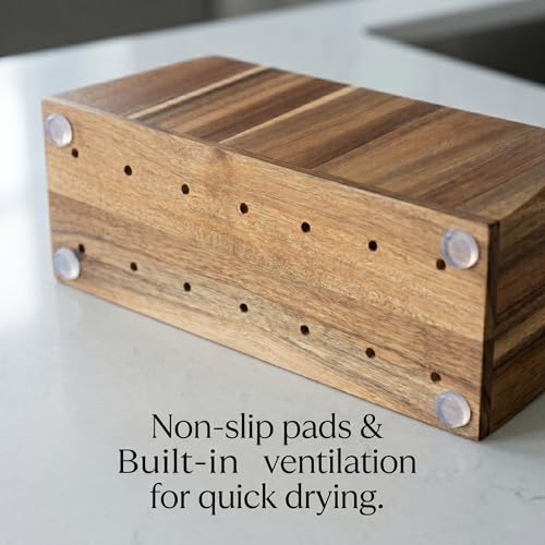 Extra Large Kitchen Utensil Holder for Countertop – Acacia Wood Utensil Holder with 4 Compartments, Beveled Edges, Non-Slip Pads & Drain Hole – Rustic Farmhouse Kitchen Countertop Storage Caddy - size: 4 Compartment