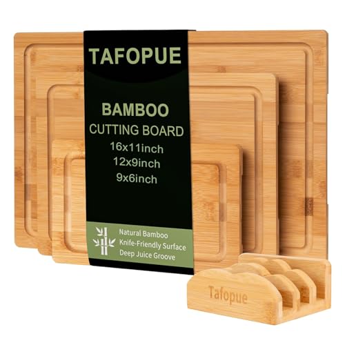 Bamboo Cutting Board Set of 3 with Stand, Wood Chopping Boards for Kitchen, Reversible Butcher Block with Juice Groove & Handle, Different Size Boards for Meat, Vegetables, Fruit, Charcuterie - color: Natural Bamboo, size: Set of 3 | Small + Medium + Larg