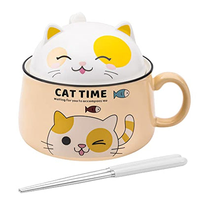 Ramen Bowl Set with Chopsticks, Cute Cat Instant Ramen Noodle Bowls with Lid, 34.5 OZ Extra Large Ceramic Soup Bowls with Handle, Japanese Ramen Cooker, Microwave safe (Yellow) - color: Yellow