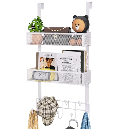 HapiRm Over The Door Organizer with Coat Hooks and 2 Baskets, Stainless Steel Rustproof Over The Door Hanger Hooks for Bathroom, Kitchen, Bedroom-White (for 1.76in Doors) - color: White-2 Baskets-for 1.76in Doors