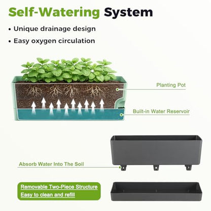 2 Pack Rectangle Self Watering Pots for Indoor Plants 17 Inches Window Boxes Planters Rectangular Flower Pots Herb Large Plant Pots with Drainage Holes and Saucers Windowsill Planter, Grey - color: Gray