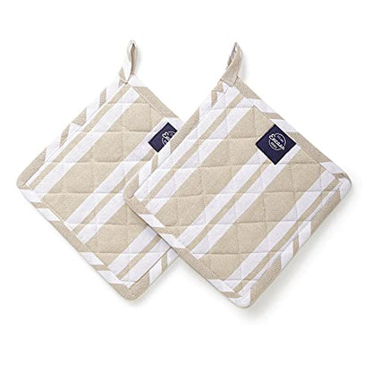 Encasa XO Pot Holders, Quilted Kitchen Hot Pads 8"x8" Franca Beige Stripes | 100% Eco-Friendly Cotton | Thick Cotton Padding Insulation | Convenient Hanging Loop | Set of 2 - color: Franca Beige Stripes