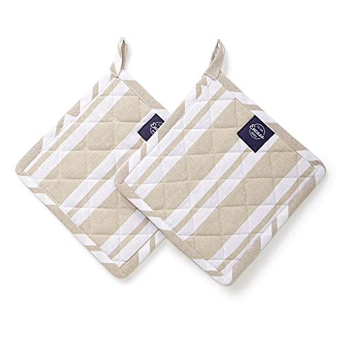 Encasa XO Pot Holders, Quilted Kitchen Hot Pads 8"x8" Franca Beige Stripes | 100% Eco-Friendly Cotton | Thick Cotton Padding Insulation | Convenient Hanging Loop | Set of 2 - color: Franca Beige Stripes