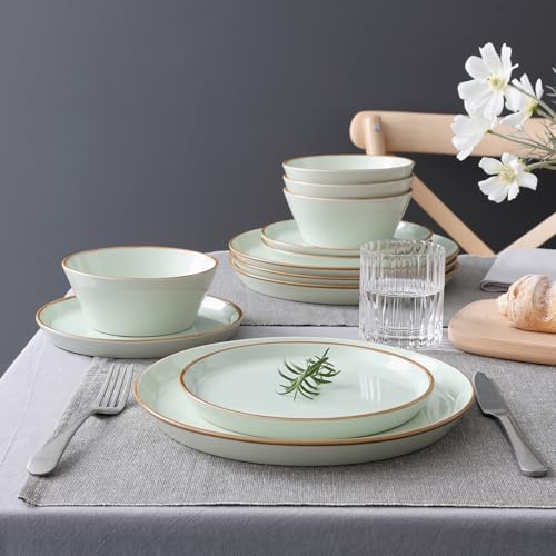Famiware Saturn Dinnerware Sets, Ceramic Dishes for 4, Rimmed Plates, Bowls | Light Green, 12 pcs Microwave and Dishwasher Safe Stoneware, Chip & Scratch Resistant, Modern Rustic Tableware, Everyday Use - color: Light Green, size: 12