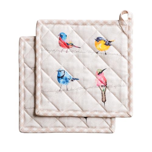 Maison d' Hermine Pot Holders 100% Cotton Potholders (8" x 8", Pack of 2) | Heat Resistant Hot Pads with Loop BBQ Cooking Baking Farmhouse Kitchen Handling Hot Pans Spring Summer - Birdies on Wire - color: 003 - Birdies on Wire, size: 8" x 8" (Pot Holder