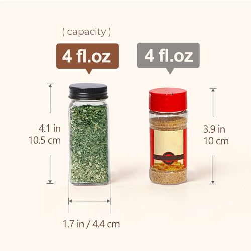 ComSaf 15Pcs 4oz Glass Spice Jars with Shaker Lids, 93 Labels, a Handy Funnel, a Pepper Grinder, Empty Spice Containers and Square Spice Bottles for Kitchen and Seasoning - color: 4oz*15 Metal Lids