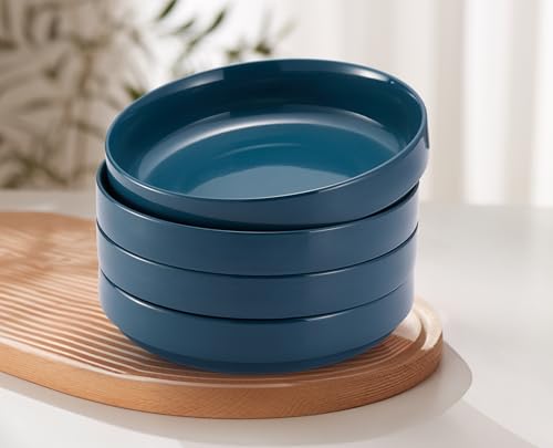 KooK Pasta Bowl, Bowl Plate, Low Bowl, Plate Bowls, Ceramic Large Shallow Bowls, Microwave and Dishwasher Safe, Great for Soups and Salads, Glossy Porcelain, 47 oz, Set of 4, Teal - color: Teal