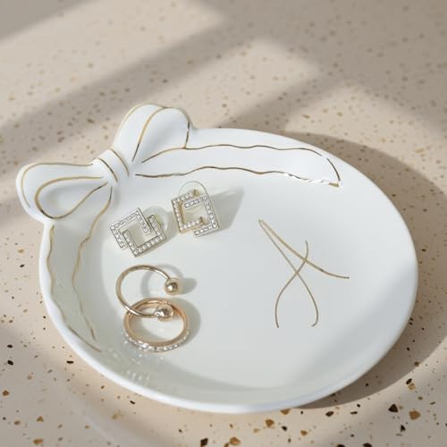 COLLECTIVE HOME Ceramic Jewelry Tray, Monogram Trinket Dish with Bow (A) | Mothers Day Graduation Christmas Birthday Gifts for Women, Bridesmaid Proposal Gifts, Features Real Gold Trim & Gift Box - color: A