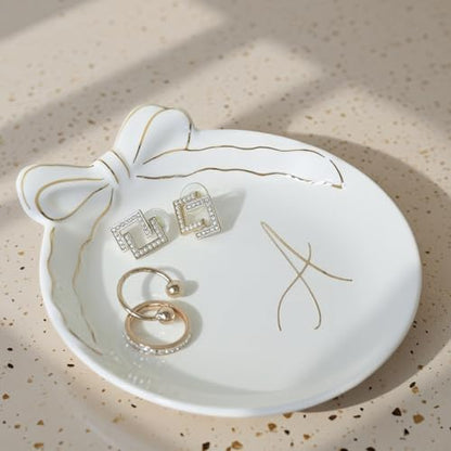 COLLECTIVE HOME Ceramic Jewelry Tray, Monogram Trinket Dish with Bow (A) | Mothers Day Graduation Christmas Birthday Gifts for Women, Bridesmaid Proposal Gifts, Features Real Gold Trim & Gift Box - color: A