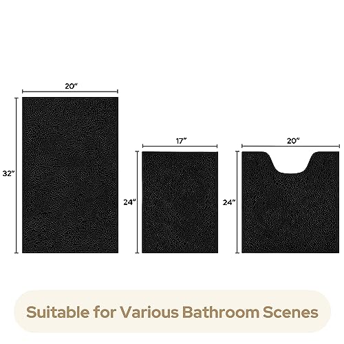 HOMEIDEAS 3 Pieces Bathroom Rugs, Ultra Soft Non Slip Absorbent Chenille Toilet Bath Mat Set (Black) - color: Black-black, size: 17"x24"+20"x32"+U Shape 20"x24"