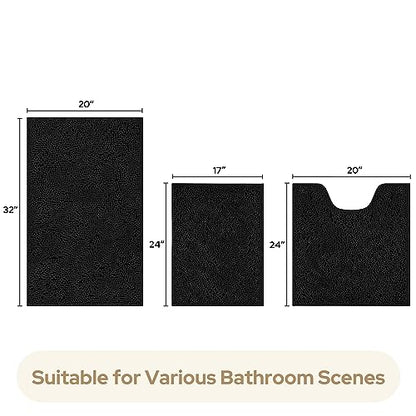 HOMEIDEAS 3 Pieces Bathroom Rugs, Ultra Soft Non Slip Absorbent Chenille Toilet Bath Mat Set (Black) - color: Black-black, size: 17"x24"+20"x32"+U Shape 20"x24"
