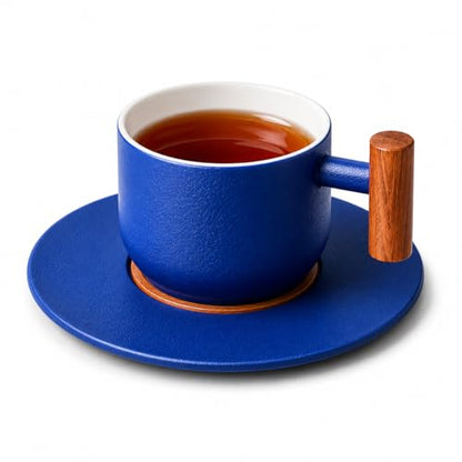 PRINCE G Japanese Style Ceramic Mug with Matching Saucer – Handmade Espresso, Coffee, Tea & Matcha Cup, Ideal Gift Set with Handgrip (BLUE) - color: Blue