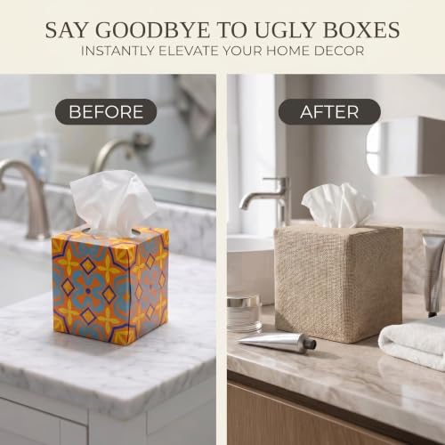 Stylish Tissue Box Cover - Burlap Soft Fabric Slip-On Covers Tissue Box | Decorative Square Cube Cover for Your Bathroom and Home