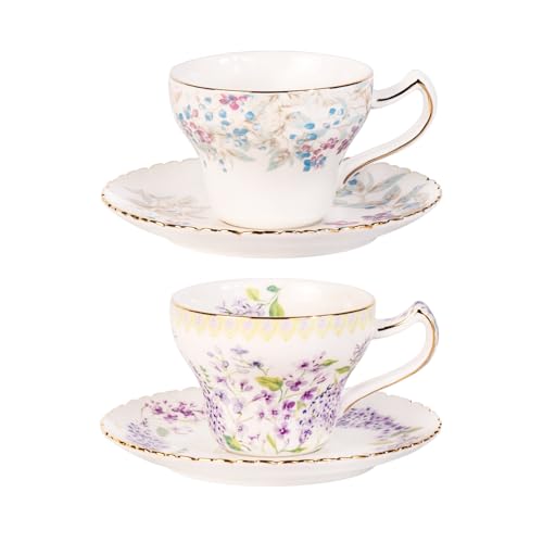 KAMMAK Tea Cups and Saucers Set of 2, 7.4 oz Porcelain Coffee Cups, 573N | Stackable Espresso Mugs, Ceramic Demitasse for Coffee, Cappuccino, Latte, Americano, Tea - size: 7KPSP573N+574N