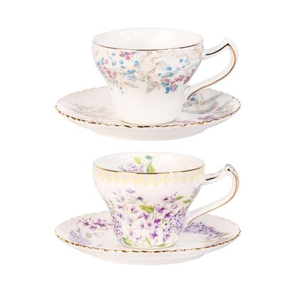 KAMMAK Tea Cups and Saucers Set of 2, 7.4 oz Porcelain Coffee Cups, 573N | Stackable Espresso Mugs, Ceramic Demitasse for Coffee, Cappuccino, Latte, Americano, Tea - size: 7KPSP573N+574N