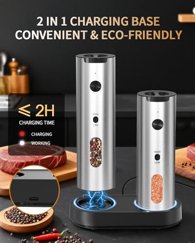 CIRCLE JOY Rechargeable Electric Salt and Pepper Grinder Set, 2-speed Stainless Steel Automatic Pepper Mill Grinder w/Charging Base, Adjustable Coarseness, LED Light, 110ml Large Capacity Top Fill - color: 2-Speed Silver