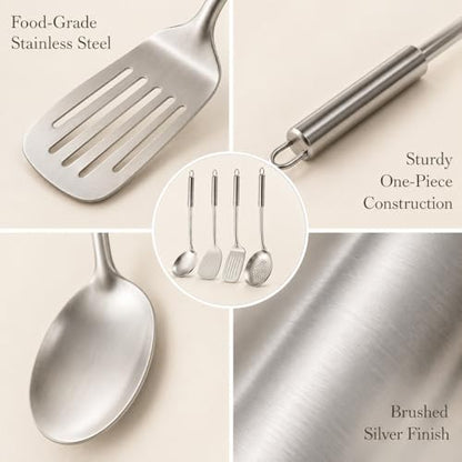 Pleafind Cooking Utensils Set - 4 Pcs Stainless Steel Kitchen Utensils Set with Solid Turner, Slotted Turner, Serving Ladle, Slotted Spoon, Wok Utensils Set with Heat Resistant Handle, Dishwasher Safe - color: 4P-Silver